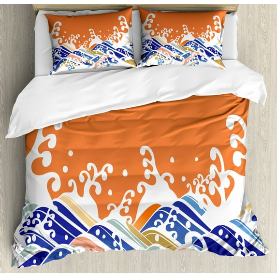 Japanese Wave Duvet Cover Set Queen Size, Vibrant Colorful Waves Illustration Intense Spindrift Nature Summer Surf Asia, Decorative 3 Piece Bedding Set with 2 Pillow Shams, Multicolor, by Ambesonne