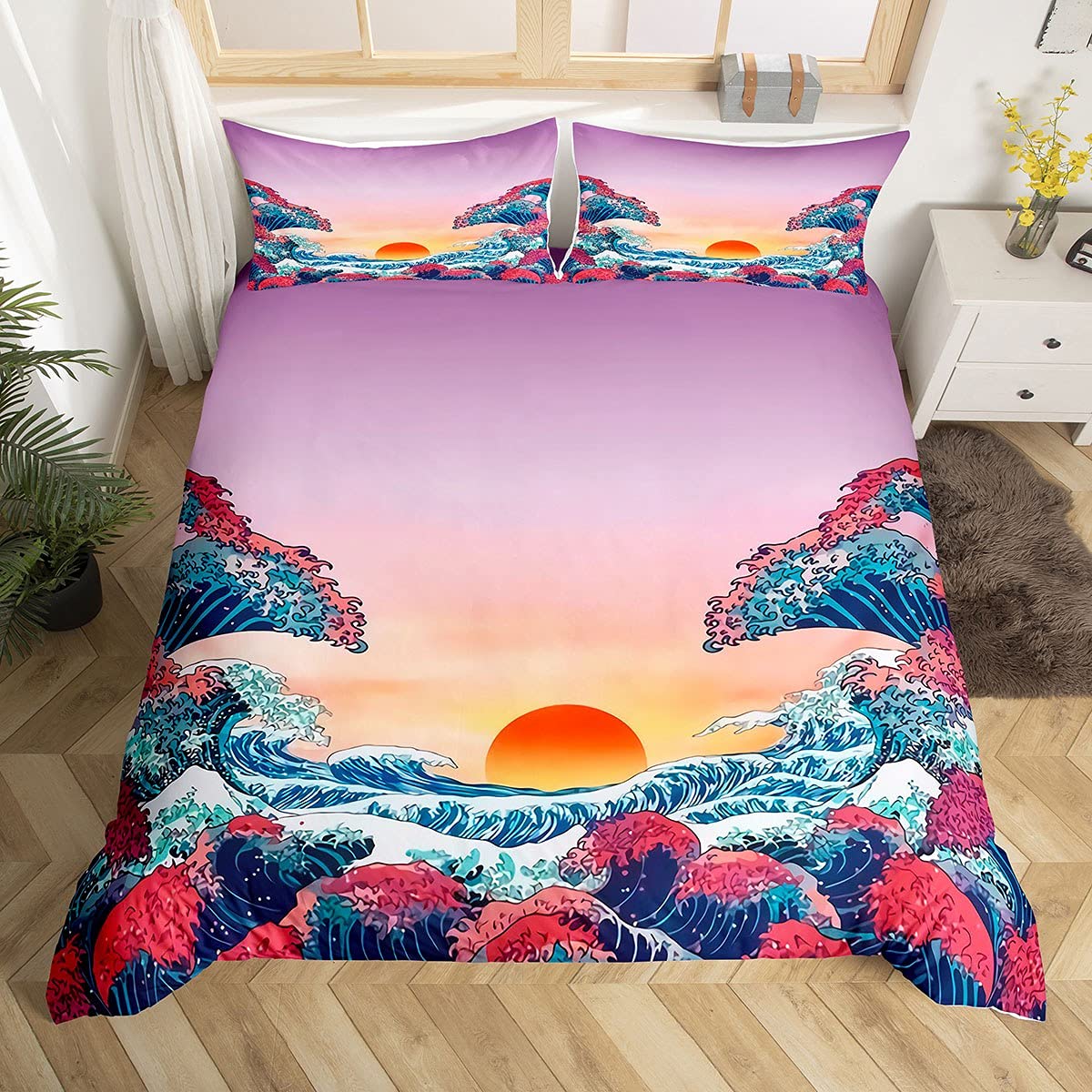 Japanese Wave Duvet Cover Set Sea Storm In Japan Traditional Drawing