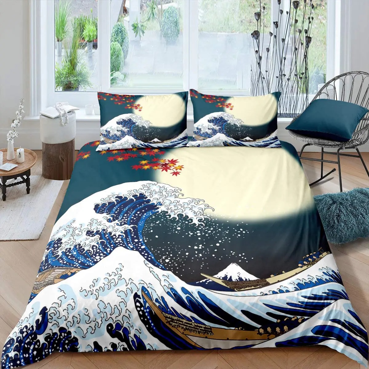 Japanese Wave Duvet Cover Set Sea Storm In Japan Traditional Drawing