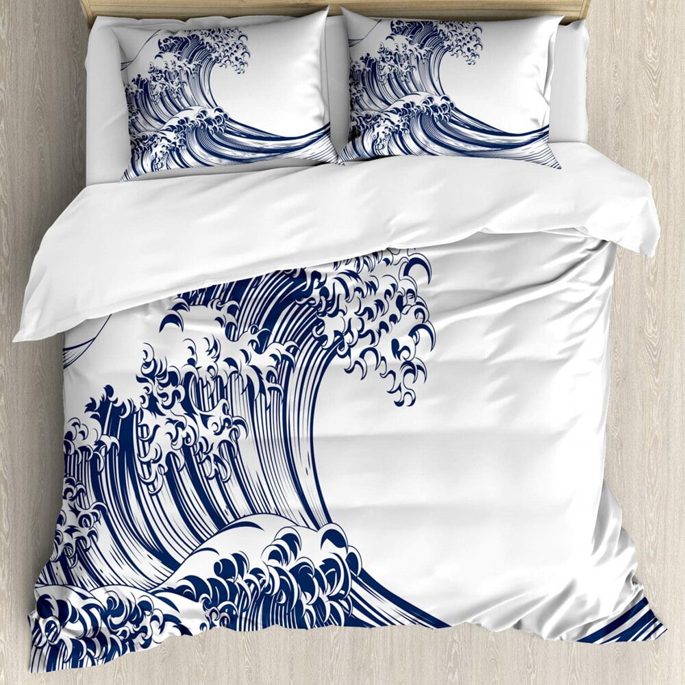 Japanese Wave Duvet Cover Set Sea Storm In Japan Traditional Drawing
