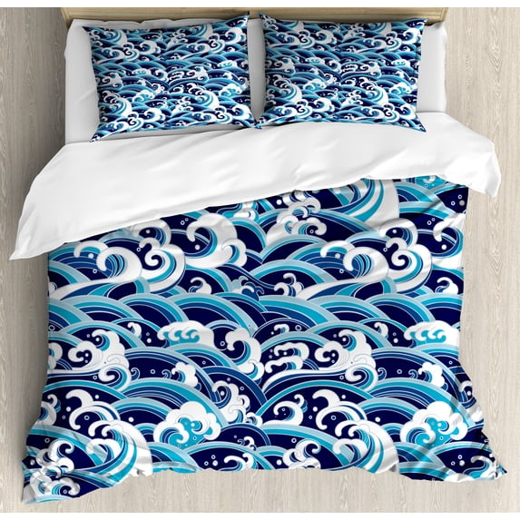 Japanese Wave Duvet Cover Set, Traditional Eastern Pattern with Waves of Water Foam Splashes, Decorative 3 Piece Bedding Set with 2 Pillow Shams, Queen Size, Pale Blue Navy Blue, by Ambesonne