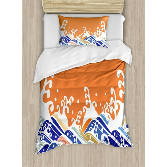 Japanese Wave Duvet Cover Set Twin Size, Vibrant Colorful Waves Illustration Intense Spindrift Nature Summer Surf Asia, Decorative 2 Piece Bedding Set with 1 Pillow Sham, Multicolor, by Ambesonne