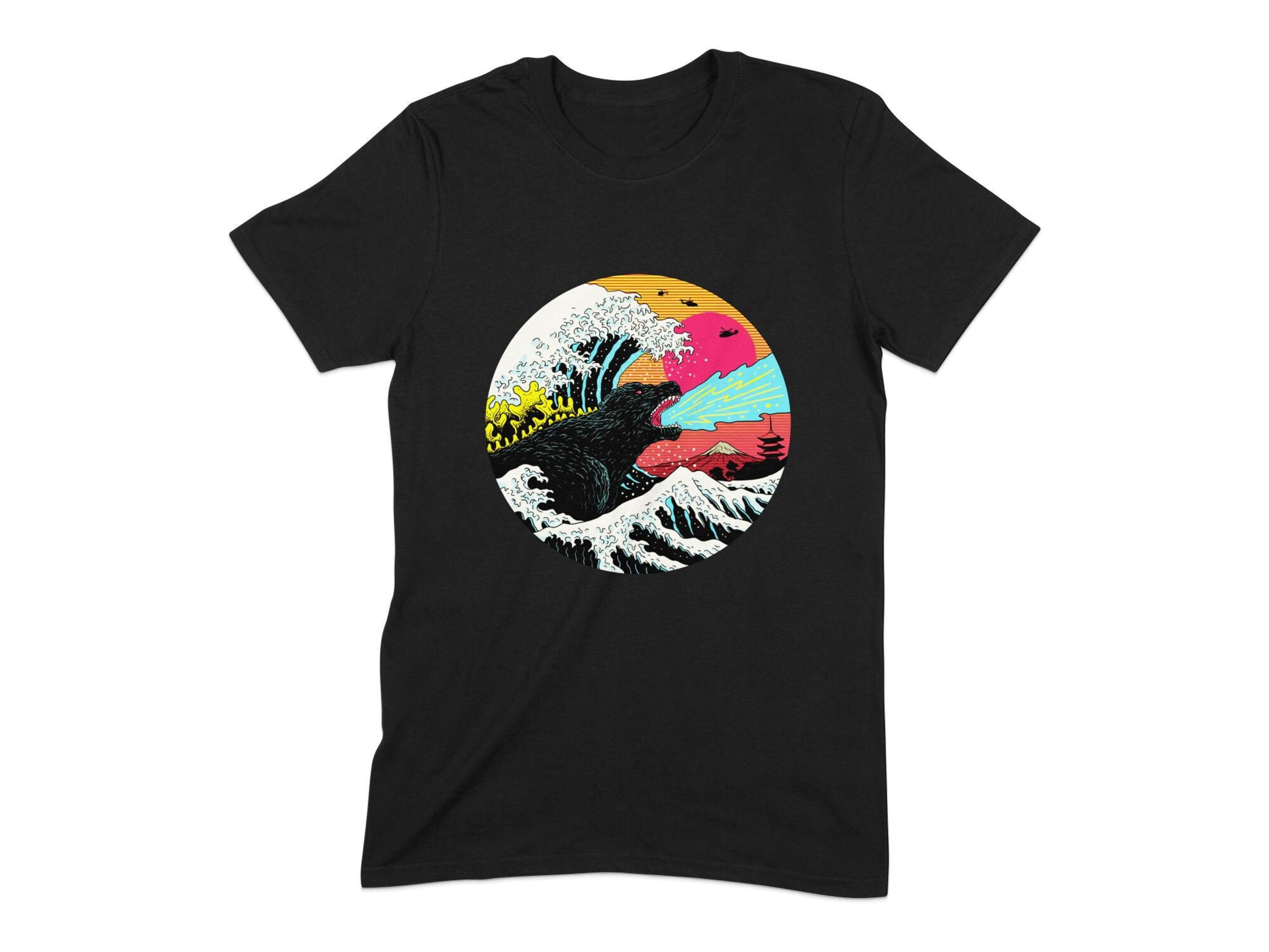 Japanese Wave Esign Japanese Wave Fire Breathing Dinosaur Graphic Tee, Bold Artistic Print ...
