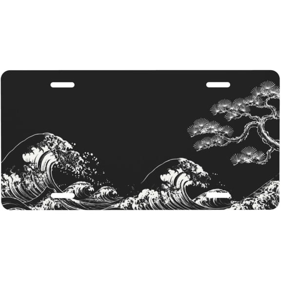 Japanese Wave Front License Plate for Women Car Vanity Plates Decorative Aluminum Metal Cute Novelty License Plate Cover for Men 6x12 Inch (4 Holes)
