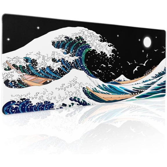 Japanese Wave Gaming Mouse Pad XL Black Blue Sea Aesthetic Moon Extended Large Desk Cover Big Table Mat Non-Slip Rubber Base Stitched Edge Long Mousepad for Deskton Office PC Gamer,31.5×11.8 in