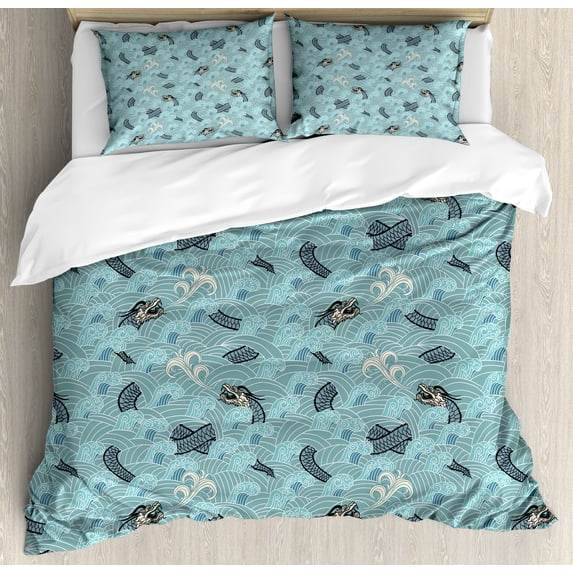 Japanese Wave King Size Duvet Cover Set, Asian Style Pattern with Dragon Figures and Sea Waves Mythology Monster, Decorative 3 Piece Bedding Set with 2 Pillow Shams, Teal Grey White, by Ambesonne