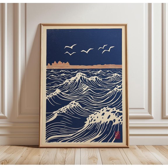 Japanese Wave Minimal Woodblock Ocean Coastal Decorative Interior Wall Art Poster