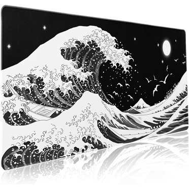 Japanese Wave Mouse Pad Black White Sea Aesthetic Moon Extended Desk Mat Non-Slip Rubber Base with Stitched Edge Large Playmat for Gaming Laptop Computer,35.4×15.7 in