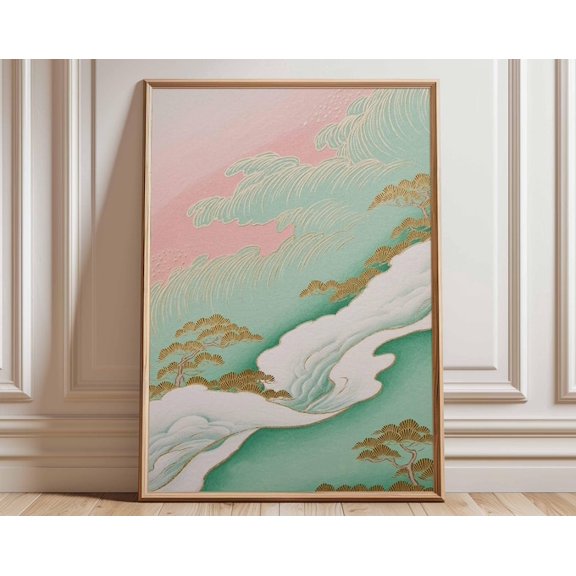 Japanese Wave Pastel Cloud Ocean Wall Art Print, Unframed Paper Poster 8x10in