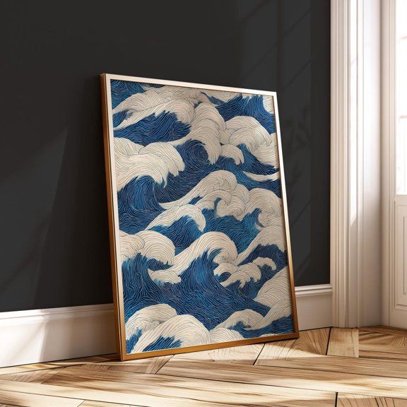 Japanese Wave Pattern Minimalist Ocean Line Art Japandi Zen Abstract Blue Art, Unframed Canvas 8x10in