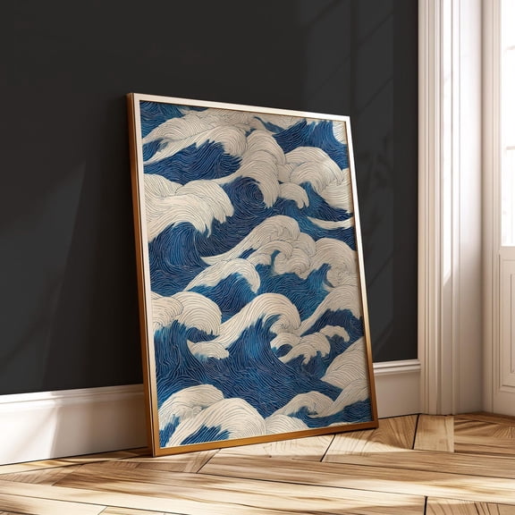 Japanese Wave Pattern Minimalist Ocean Line Art Japandi Zen Abstract Blue Art, Unframed Paper Poster 8x10in