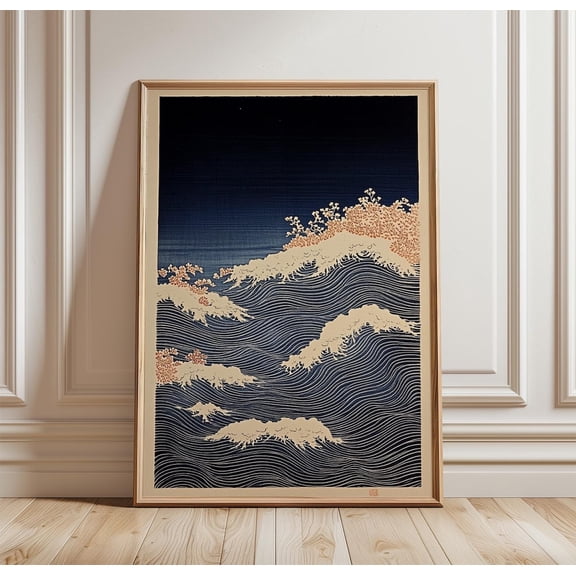 Japanese Wave Pattern Navy Ocean Wall Art Minimal Asian Abstract Sea Unframed Paper Print