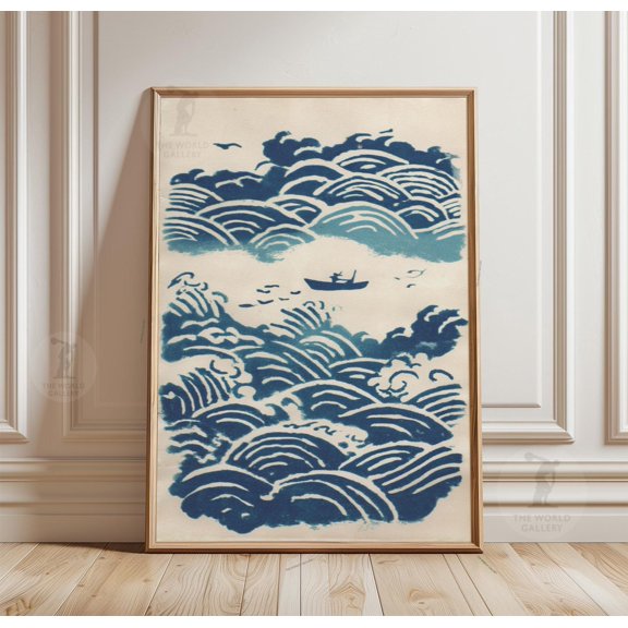 Japanese Wave Pattern Poster Blue Ocean Illustration Print Minimal Seascape Wall Art 2