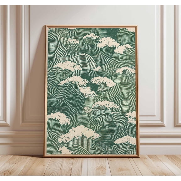 Japanese Wave Pattern Poster Traditional Green Ocean Minimalist Art, Unframed Poster