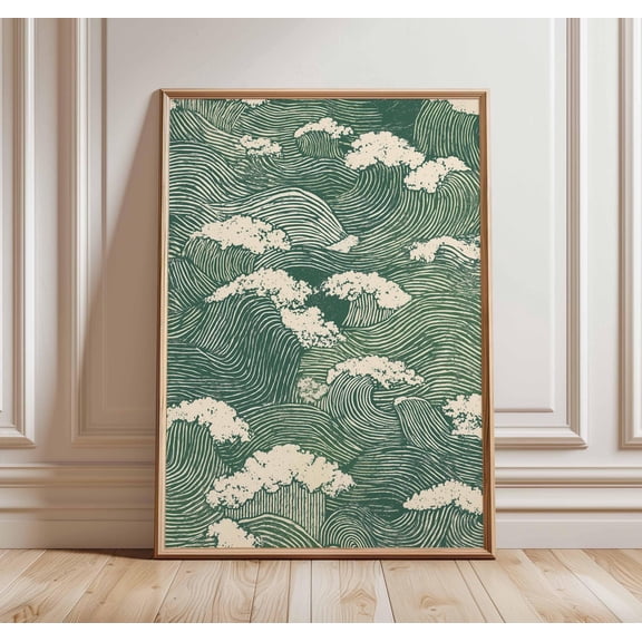 Japanese Wave Pattern Poster, Traditional Green Ocean Print, Minimalist Asian Wall Art, Zen Sea Decor, Unframed Nature-Inspired Artwork