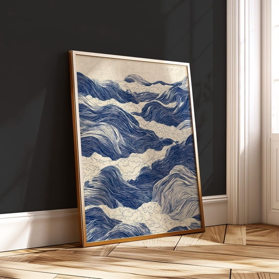 Japanese Wave Pattern Traditional Ukiyoe Style Indigo Sea Wabi Sabi Ocean Art, Unframed Canvas 16x20in