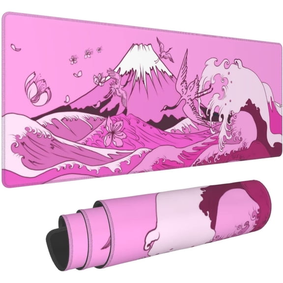 Japanese Wave Pink Cherry Blossom Crane Gaming Mouse Pad XL, Large Non Slip Rubber Mousepad, Stitched Edges Desk Pad, Long Extended Mice Pad,31.5'''' X 11.8''''