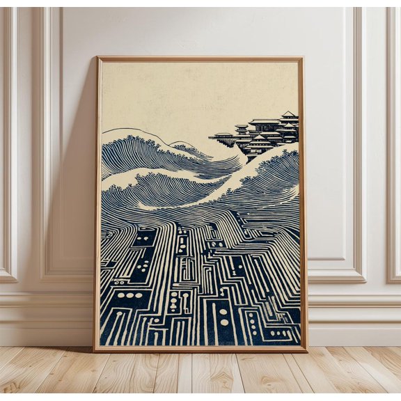 Japanese Wave Poster Circuit Board Ocean Art Print Minimal Tech Landscape Wall Decor