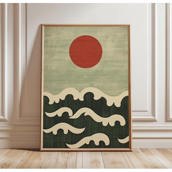 Japanese Wave Poster, Red Sun Ocean Wall Art