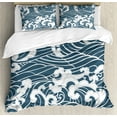 thumbnail image 1 of Japanese Wave Queen Size Duvet Cover Set, Hand Drawn Traditional Style Aquatic Doodle River Storm Retro Abstract, Decorative 3 Piece Bedding Set with 2 Pillow Shams, Slate Blue White, by Ambesonne, 1 of 3