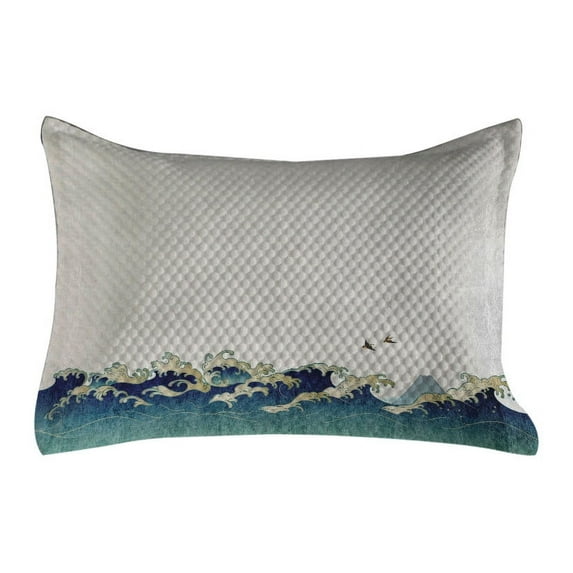 Japanese Wave Quilted Pillowcover, Aquatic Swirls Birds of Ocean Ukiyo-e Style Art Greyscale Background, Standard King Size Accent Pillow Cover for Bedroom, 36" x 20", Grey Blue Cream, by Ambesonne