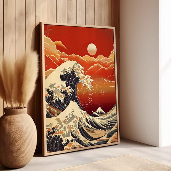 Japanese Wave Red Sky Wall Art, Dramatic Asian Ocean Decor, Unframed Paper Print Size 8x12