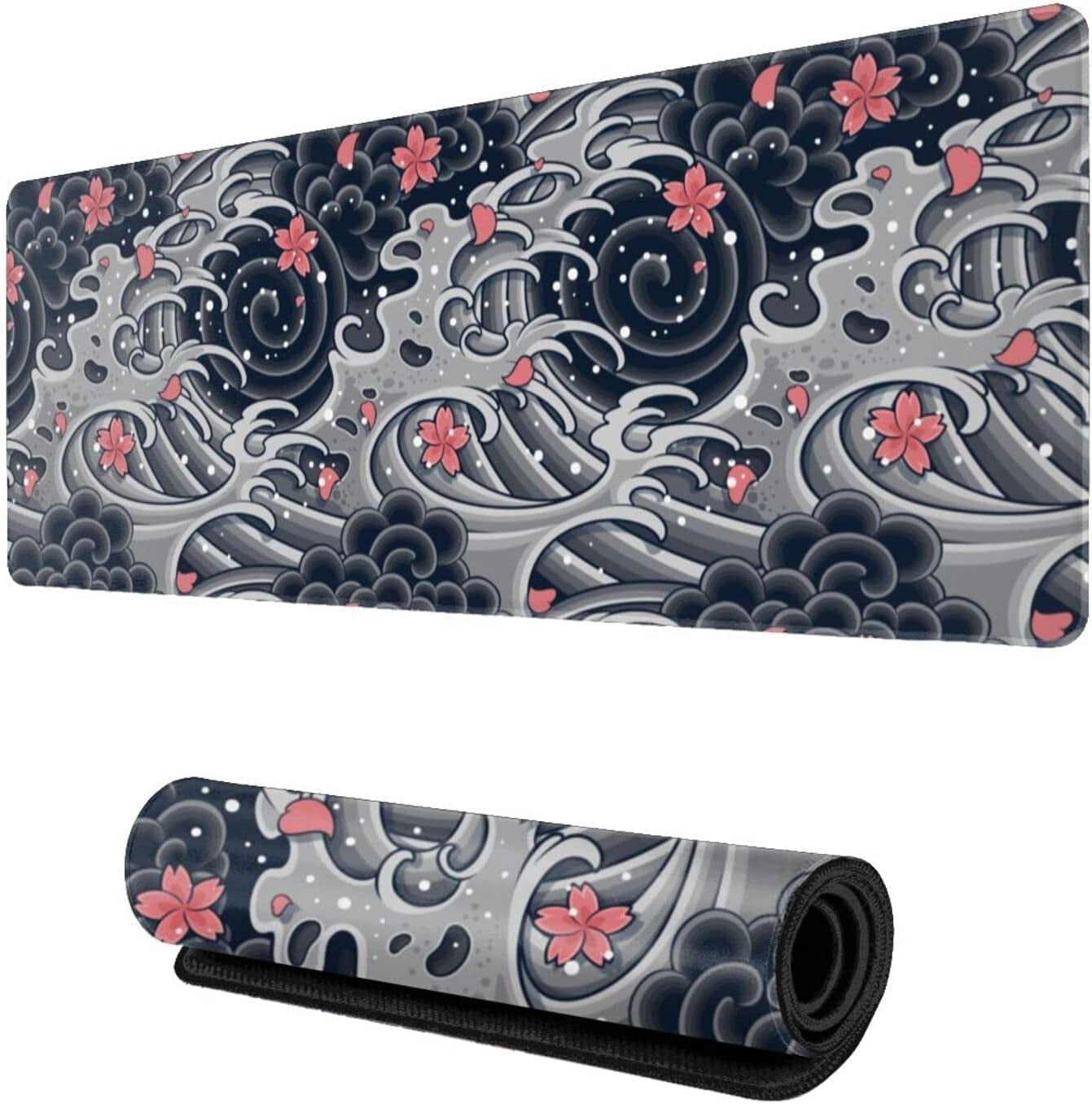 Japanese Wave with Sakura Gaming Mouse Pad XL, Extended Large Full Desk Mousepad 31.5 X 11.8 Inch, Big Mouse Pad with Stitched Edge, Non-Slip Long Computer Keyboard Mat for Office & Home by Caburywe
