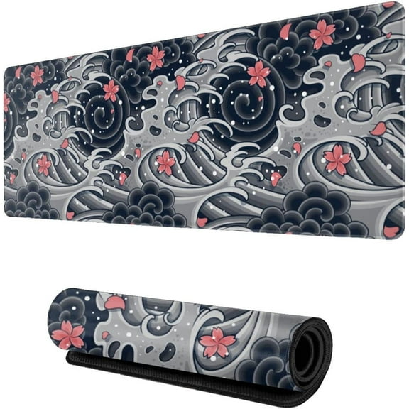Japanese Wave with Sakura Gaming Mouse Pad XL, Extended Large Full Desk Mousepad 31.5 X 11.8 Inch, Big Mouse Pad with Stitched Edge, Non-Slip Long Computer Keyboard Mat for Office & Home by Caburywe