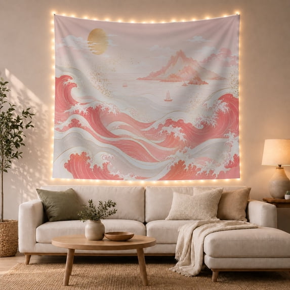 Japanese Wave Seascape with Mount Fuji, Peaceful Japanese Inspired for Ocean Lovers, Coastal Decor Wall Art, Birthday Gift Tapestry Wall Hanging for Bedroom and Living Room