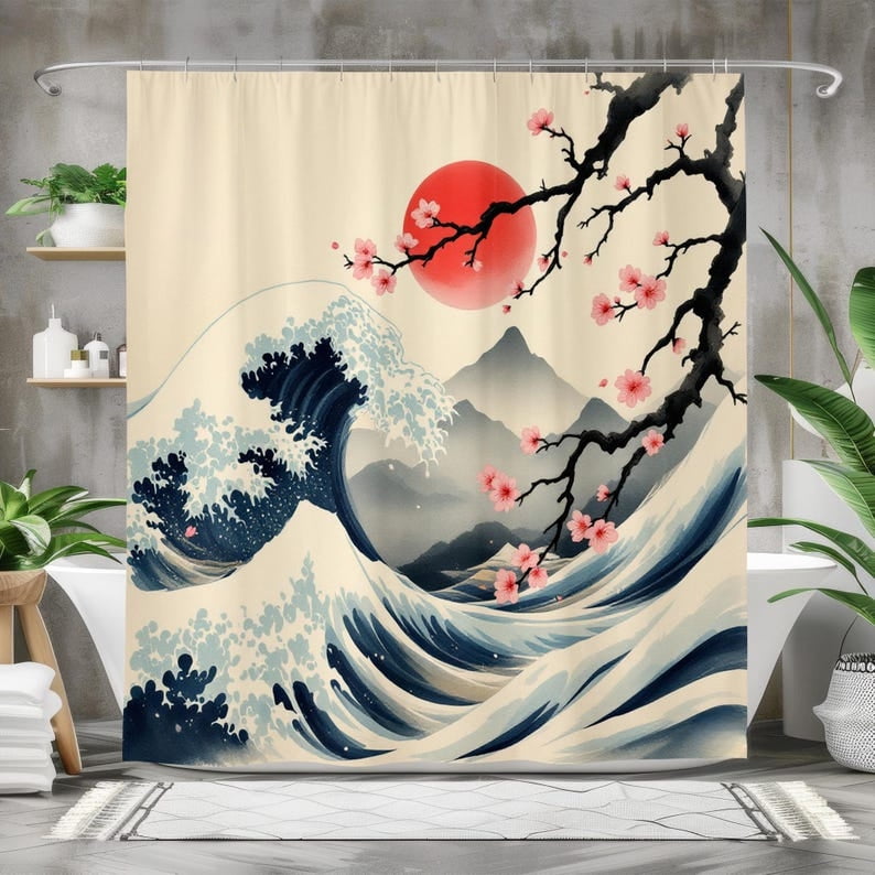 Japanese Wave Shower Curtain, Cherry Blossom Bath Decor, Great Wave Inspired Bathroom Curtain, Zen Home Decor, Asian Art Gift, Ukiyo-e Style 66x72in - Walmart.com