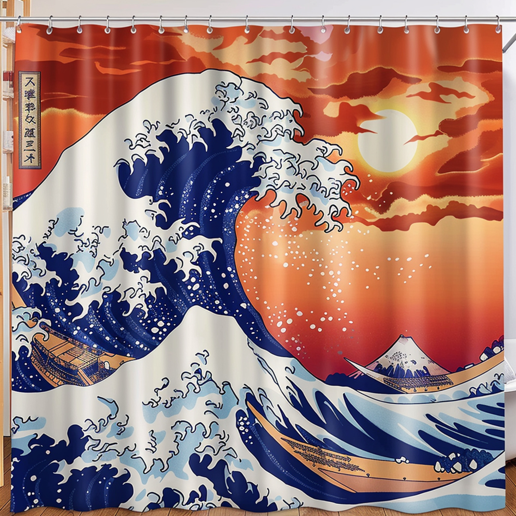 Japanese Wave Shower Curtain Great Wave off Kanagawa Design Anime Style Ukiyoe Inspired Orange ...