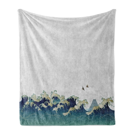 Japanese Wave Soft Flannel Fleece Blanket, Aquatic Swirls Birds of Ocean Ukiyo-e Style Artwork Greyscale Background, Cozy Plush for Indoor and Outdoor Use, 50" x 70", Grey Blue Cream, by Ambesonne