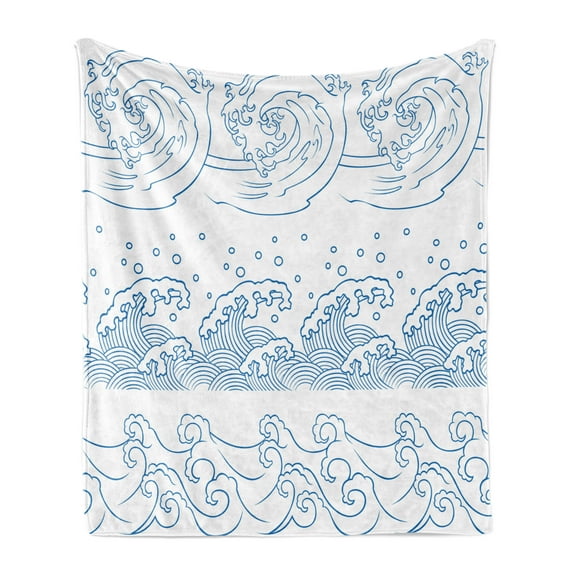 Japanese Wave Soft Flannel Fleece Blanket, Demonstration of Outline Drawing of Far Ocean with Curved Tsunami Aquatic, Cozy Plush for Indoor and Outdoor Use, 70" x 90", Sea Blue White, by Ambesonne