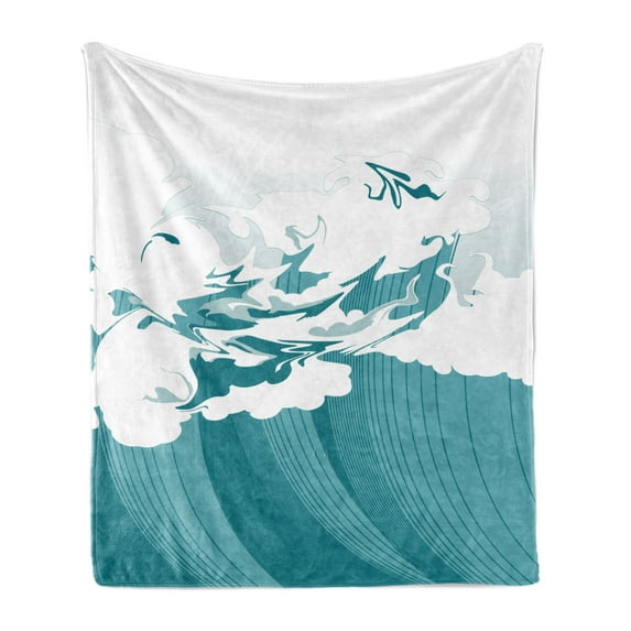 Japanese Wave Soft Flannel Fleece Throw Blanket, East Oriental Watercolor Style Waves Pattern, Cozy Plush for Indoor and Outdoor Use, 60" x 80", Petrol Blue Baby Blue, by Ambesonne