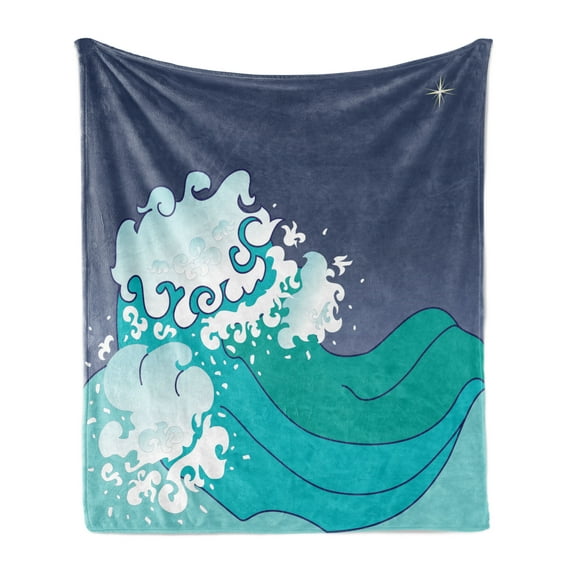 Japanese Wave Soft Flannel Fleece Throw Blanket, Graphic Illustration of Ocean Curl Sea Waves Oriental Theme, Cozy Plush for Indoor and Outdoor Use, 60" x 80", Turquoise Dark Indigo, by Ambesonne