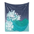thumbnail image 1 of Japanese Wave Soft Flannel Fleece Throw Blanket, Graphic Illustration of Ocean Curl Sea Waves Oriental Theme, Cozy Plush for Indoor and Outdoor Use, 70" x 90", Turquoise Dark Indigo, by Ambesonne, 1 of 5