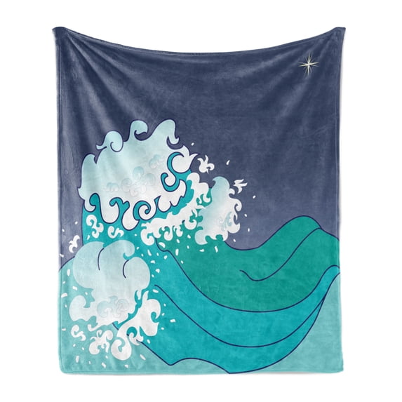 Japanese Wave Soft Flannel Fleece Throw Blanket, Graphic Illustration of Ocean Curl Sea Waves Oriental Theme, Cozy Plush for Indoor and Outdoor Use, 70" x 90", Turquoise Dark Indigo, by Ambesonne