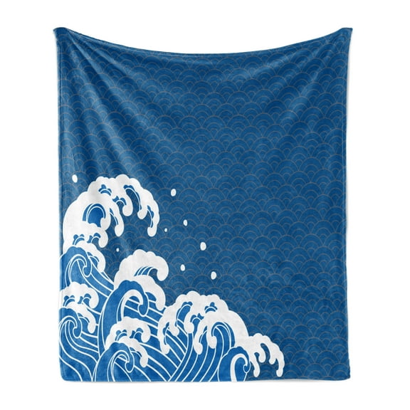 Japanese Wave Soft Flannel Fleece Throw Blanket, Illustration of Sea Curves Oriental Style Folk Surf Modern, Cozy Plush for Indoor and Outdoor Use, 50" x 60", Violet Blue White, by Ambesonne