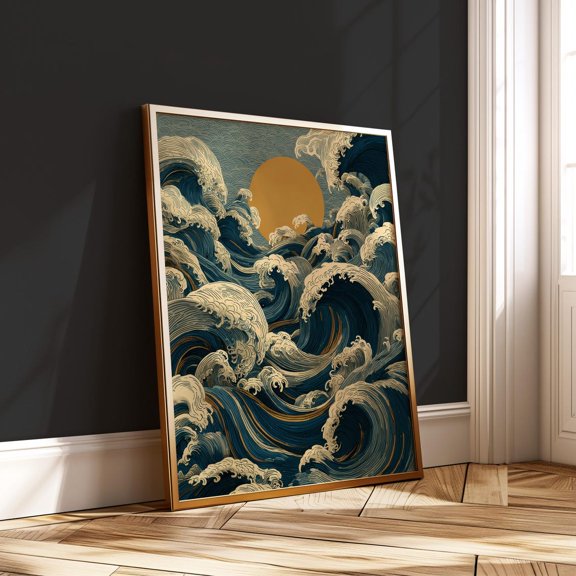 Japanese Wave Sun Ocean Zen Vintage Rising Sun Blue Line Art, Unframed Paper Poster 8x10in