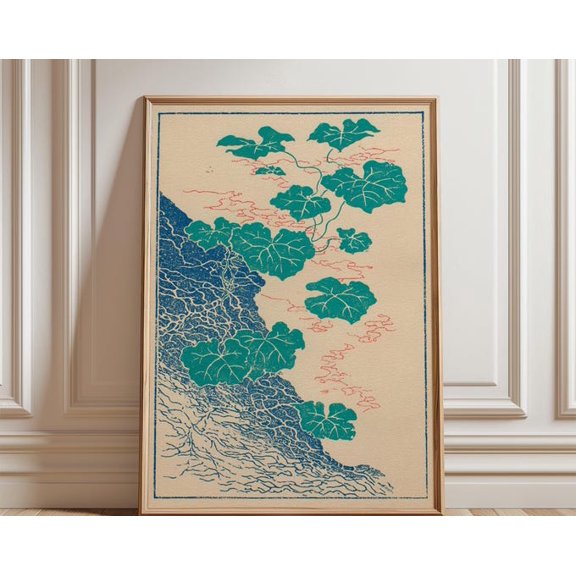 Japanese Wave Teal Leaf Botanical Navy Blue Ocean Wall Art Print, Unframed Paper Poster 16x20in