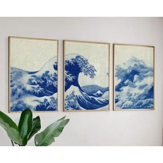 Japanese Wave Triptych Art Prints Blue Ocean Seascape Wall Art Home ...