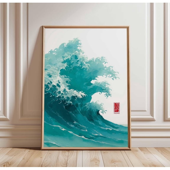 Japanese Wave Turquoise Ocean Ukiyo e Style Minimal Sea Decor Unframed Paper Print