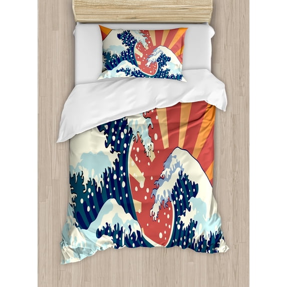 Japanese Wave Twin Size Duvet Cover Set, Japanese Painting Style Summer Seasonal Backdrop Surf Water Abstract Sunset, Decorative 2 Piece Bedding Set with 1 Pillow Sham, Multicolor, by Ambesonne