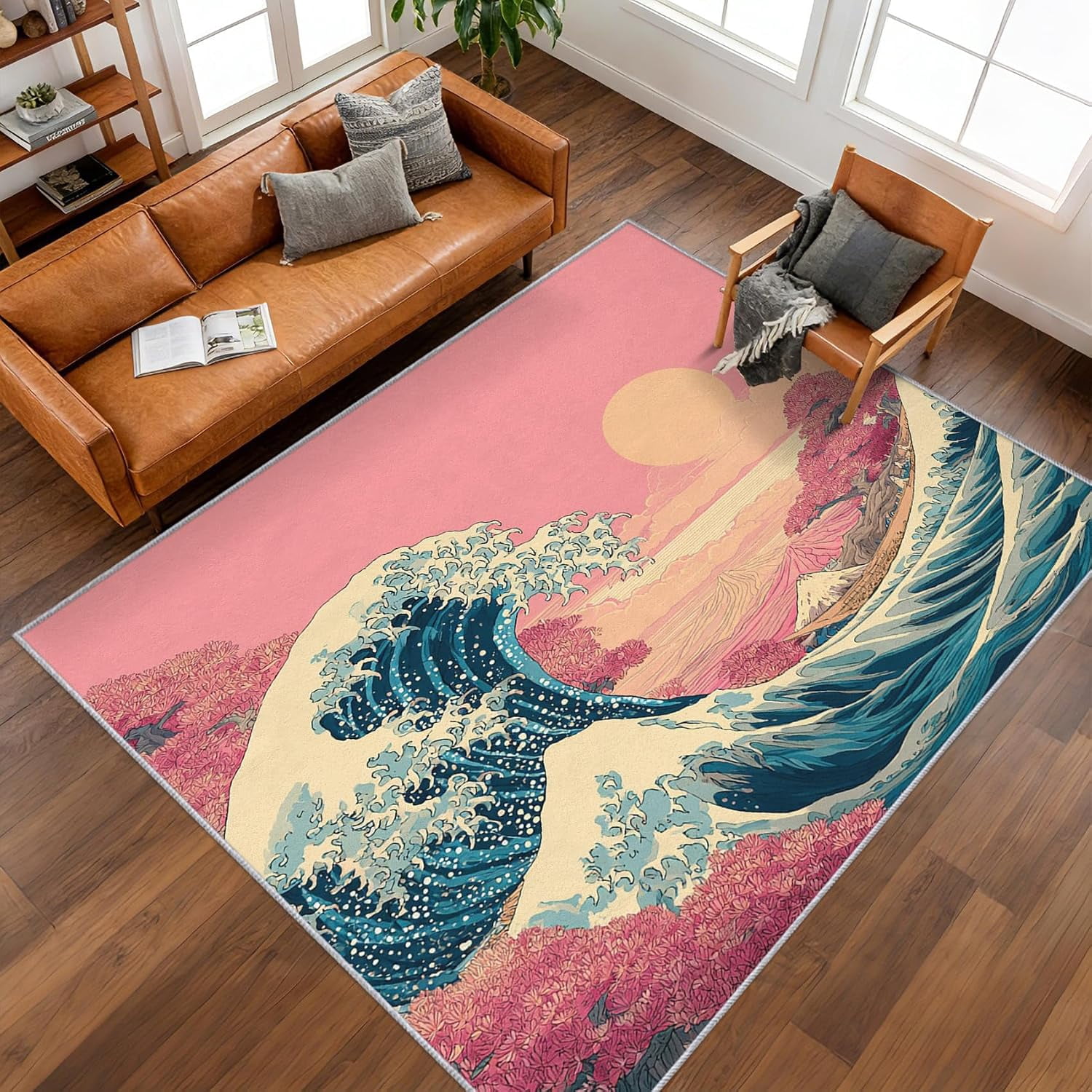 Blue Wavy Pattern Rug Japanese Wave Ukiyo-E Area Rugs, Blue Asian Oriental Wave Pattern ...