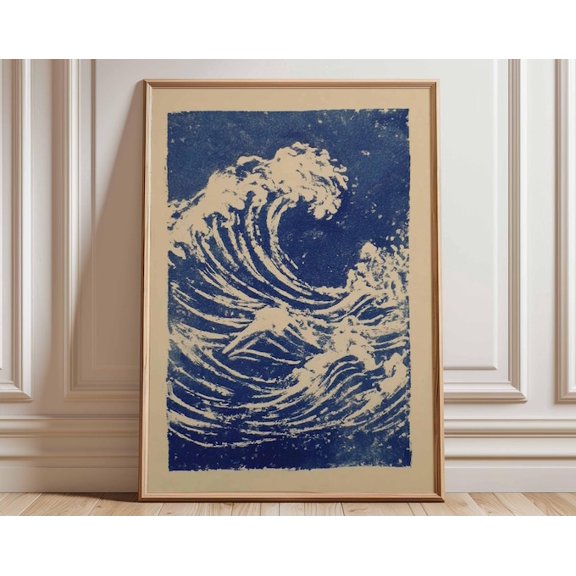 Japanese Wave Vintage Ocean Blue Wave Wall Art Print, Unframed Paper Poster 24x36in