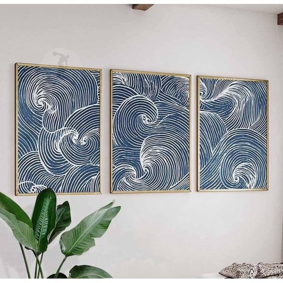 Japanese Wave Wall Art Prints Blue Ocean Line Art Modern Coastal Japan Version 2 Set 3 Unframed Paper Print 8x12