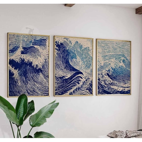 Japanese Wave Wall Art Prints Navy Blue Ocean Trio Coastal Nautical Home Set 3 Stretched Canvas 16x24