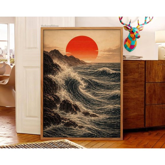 Japanese Wave Wall Art, Red Sun Ocean, Vintage Woodblock Seascape, Minimal Modern Lovers, Coastal Living Room And Gallery Wall Decor