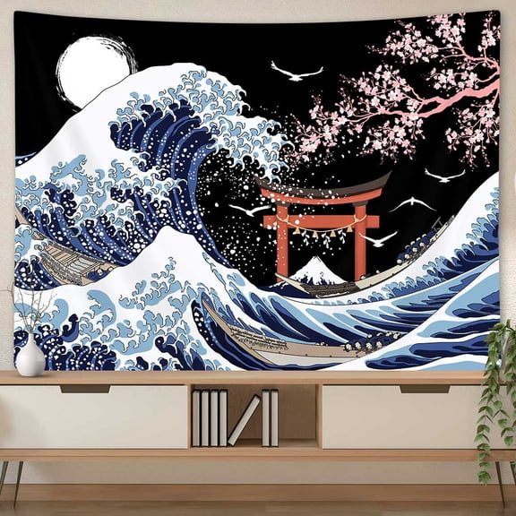 Japanese Waves Tapestry Home Decor, Wave Sakura Cherry Blossoms Pink Black Wall Art Tapestries, Wave Cute Wall Hanging Tapestry for Bedroom Living Room, 60 x 40 inch