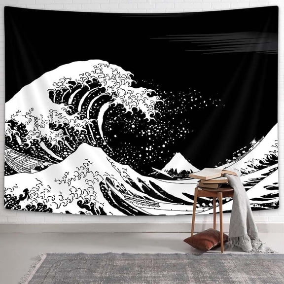 Japanese Waves Tapestry Wall Hanging, Black and White Japan Mount Fuji Kanagawa Ocean Wave Wall Decor Tapestries for Bedroom Living Room Wall Art Hangings Collage Dorm,80X60